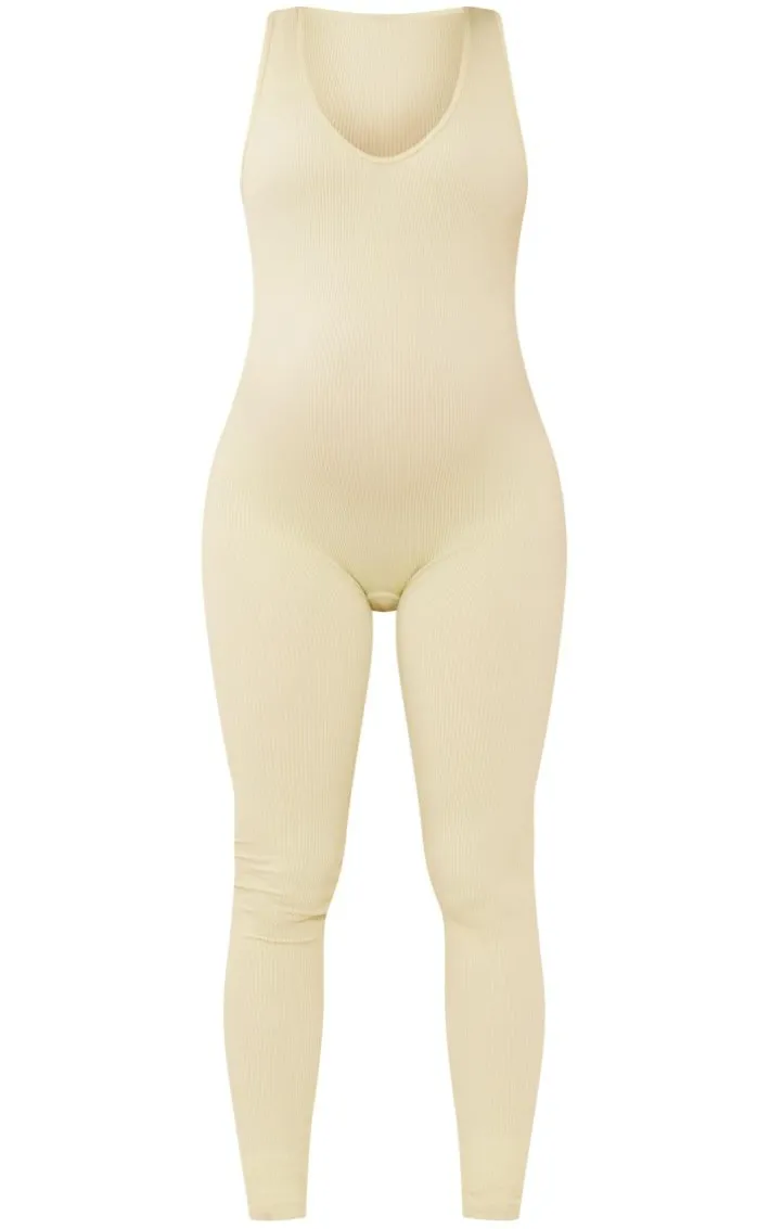 Maternity Pale Green Snatched Rib Seam Detail Jumpsuit