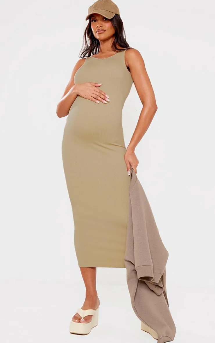 Maternity Snatched Rib Scoop Neck Bodycon Maxi Dress-PrettyLittleThing New