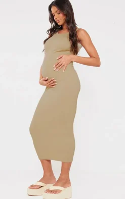 Maternity Snatched Rib Scoop Neck Bodycon Maxi Dress-PrettyLittleThing New