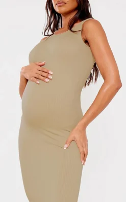Maternity Snatched Rib Scoop Neck Bodycon Maxi Dress-PrettyLittleThing New