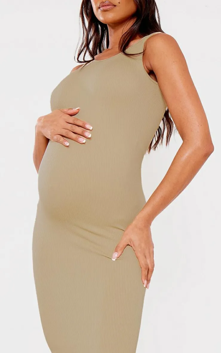 Maternity Snatched Rib Scoop Neck Bodycon Maxi Dress-PrettyLittleThing New