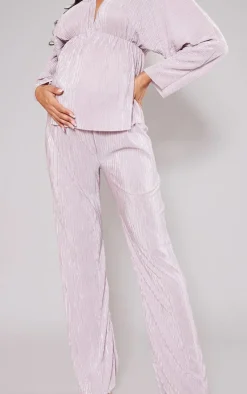Online PrettyLittleThing Maternity Rose Plisse Lettuce Hem Wide Leg Pants Rose.