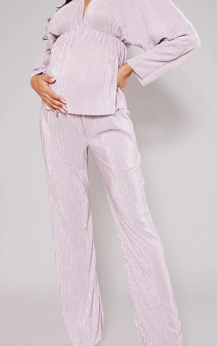 Online PrettyLittleThing Maternity Rose Plisse Lettuce Hem Wide Leg Pants Rose.