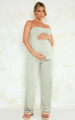 PrettyLittleThing Maternity Textured Rib Wide Leg Pants Sage Green