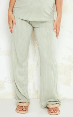 PrettyLittleThing Maternity Textured Rib Wide Leg Pants Sage Green