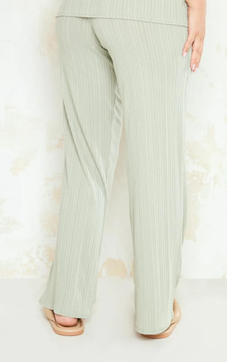 PrettyLittleThing Maternity Textured Rib Wide Leg Pants Sage Green