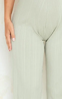 PrettyLittleThing Maternity Textured Rib Wide Leg Pants Sage Green