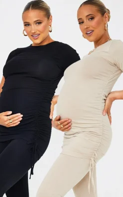 PrettyLittleThing T-Shirts*Maternity Stone and Black Two Pack Ruched Seam T Shirt