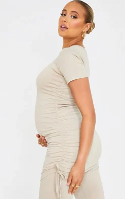 PrettyLittleThing T-Shirts*Maternity Stone and Black Two Pack Ruched Seam T Shirt