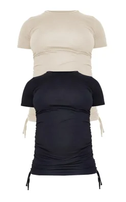 PrettyLittleThing T-Shirts*Maternity Stone and Black Two Pack Ruched Seam T Shirt