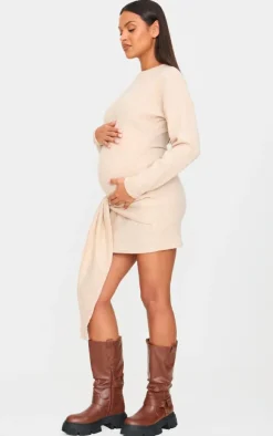 Maternity Brushed Waffle Tie Front Mini Dress-PrettyLittleThing New