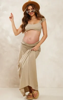 Hot PrettyLittleThing Maternity Linen Look Crop Top Stone