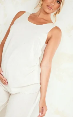 Online PrettyLittleThing Maternity Linen Look Longline Top Stone