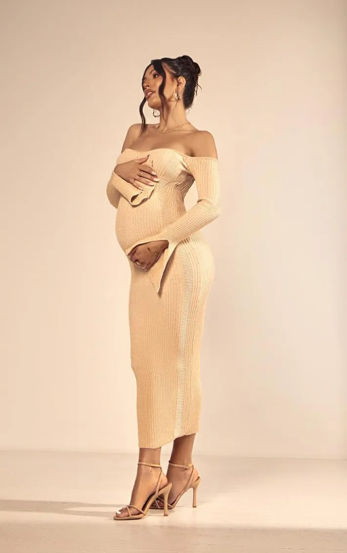 Maternity Stone Off The Shoulder Contrast Knit Midaxi Dress