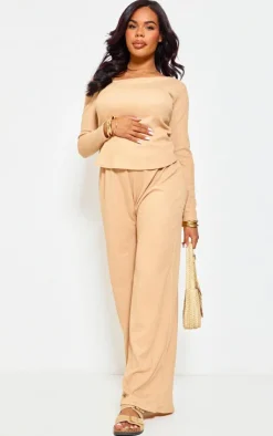 PrettyLittleThing Maternity Textured Wide Leg Floaty Pants Stone