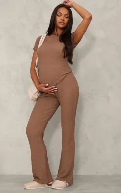 Clearance PrettyLittleThing Maternity Elasticated Textured Flared Pants Taupe