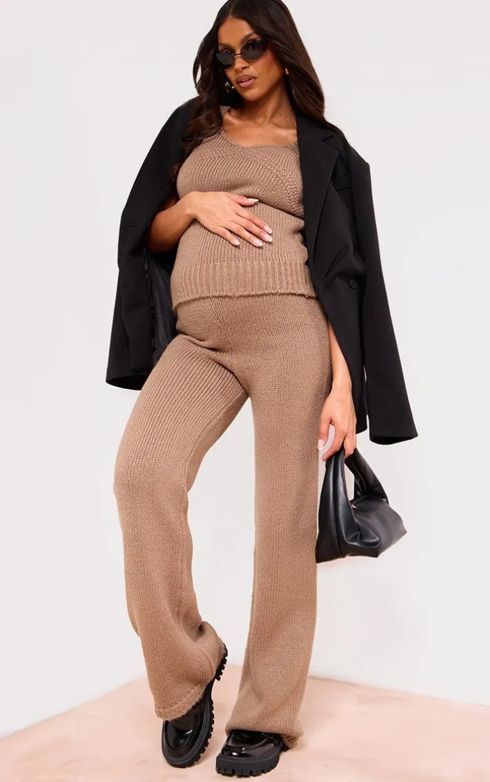 Maternity Taupe Knitted Wide Leg Pants