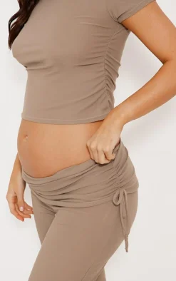 Outlet PrettyLittleThing Maternity Soft Touch Fold Over Waist Straight Leg Pants Taupe