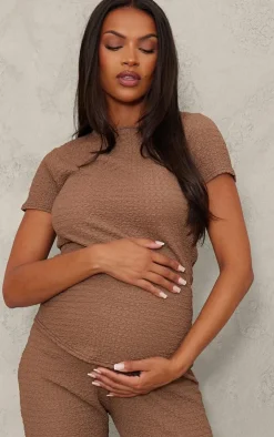 Discount PrettyLittleThing Maternity Textured Short Sleeve Top Taupe
