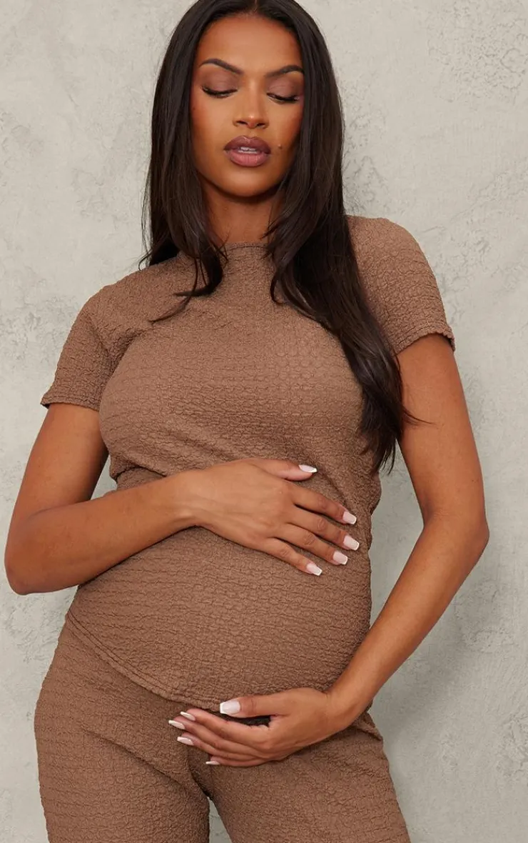 Discount PrettyLittleThing Maternity Textured Short Sleeve Top Taupe