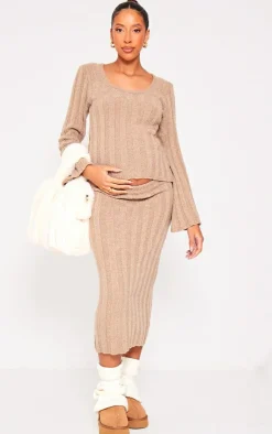 Best PrettyLittleThing Maternity Taupe Thick Rib Knitted Midaxi Skirt Taupe.