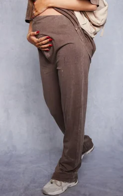 Hot PrettyLittleThing Maternity Sport Graphic Wide Leg Pants Washed Brown