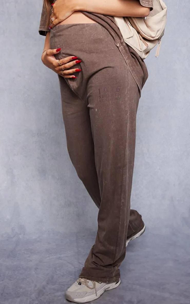 Hot PrettyLittleThing Maternity Sport Graphic Wide Leg Pants Washed Brown