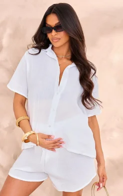 Hot PrettyLittleThing Maternity Cheesecloth Shorts White