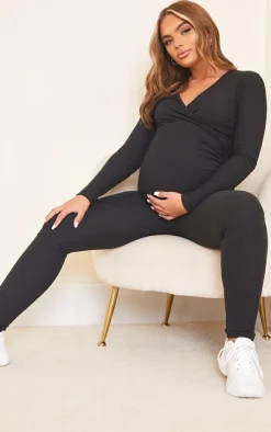 Online PrettyLittleThing Maternity  Brushed Rib Leggings Black