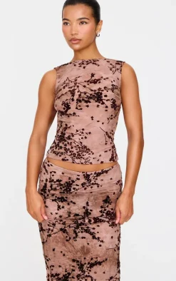 New PrettyLittleThing Floral Print Devore Mesh Backless Top Mauve