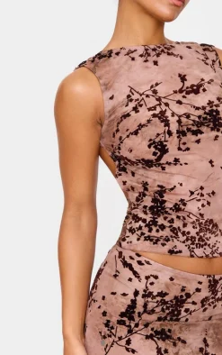 New PrettyLittleThing Floral Print Devore Mesh Backless Top Mauve