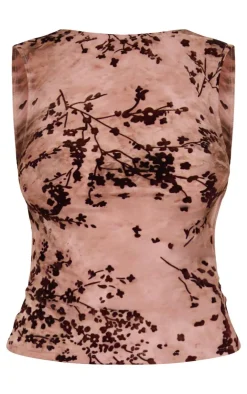 New PrettyLittleThing Floral Print Devore Mesh Backless Top Mauve