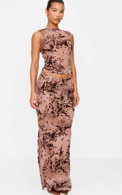 Clearance PrettyLittleThing Floral Print Devore Mesh Ruched Maxi Skirt Mauve