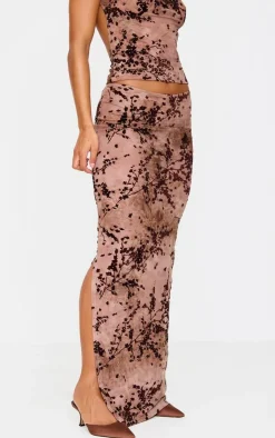Clearance PrettyLittleThing Floral Print Devore Mesh Ruched Maxi Skirt Mauve