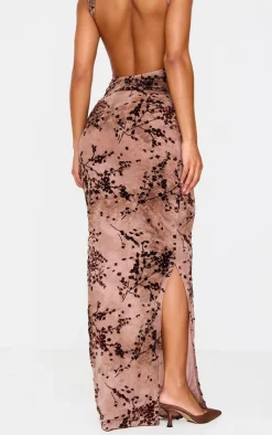 Clearance PrettyLittleThing Floral Print Devore Mesh Ruched Maxi Skirt Mauve