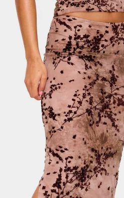 Clearance PrettyLittleThing Floral Print Devore Mesh Ruched Maxi Skirt Mauve