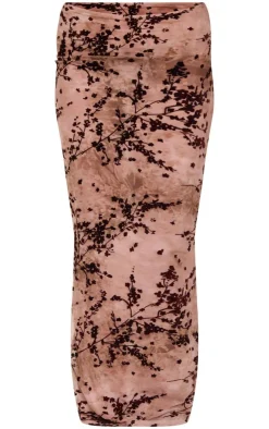 Clearance PrettyLittleThing Floral Print Devore Mesh Ruched Maxi Skirt Mauve