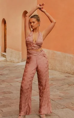 PrettyLittleThing Plisse Ring Detail Wrap Around Pants Mauve