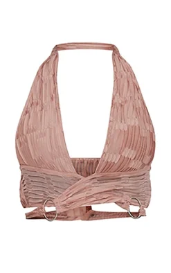 Discount PrettyLittleThing Plisse Ring Detail Wrap Around Crop Top Mauve