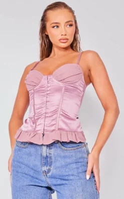 PrettyLittleThing Corsets*Satin Chiffon Bust Insert Hook And Eye Frill Hem Corset