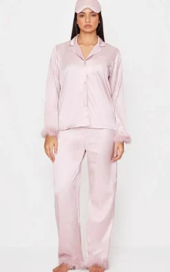 PrettyLittleThing Christmas Gifts*Satin Feather Trim Long Pj Set