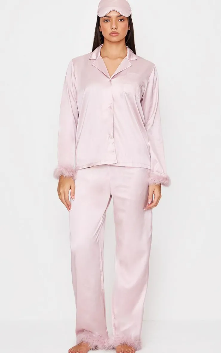 PrettyLittleThing Christmas Gifts*Satin Feather Trim Long Pj Set