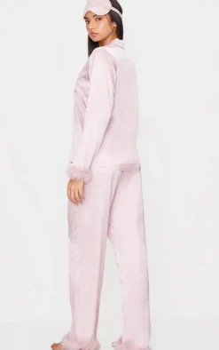 PrettyLittleThing Christmas Gifts*Satin Feather Trim Long Pj Set