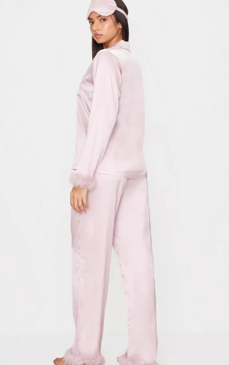 PrettyLittleThing Christmas Gifts*Satin Feather Trim Long Pj Set