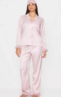 PrettyLittleThing Christmas Gifts*Satin Feather Trim Long Pj Set