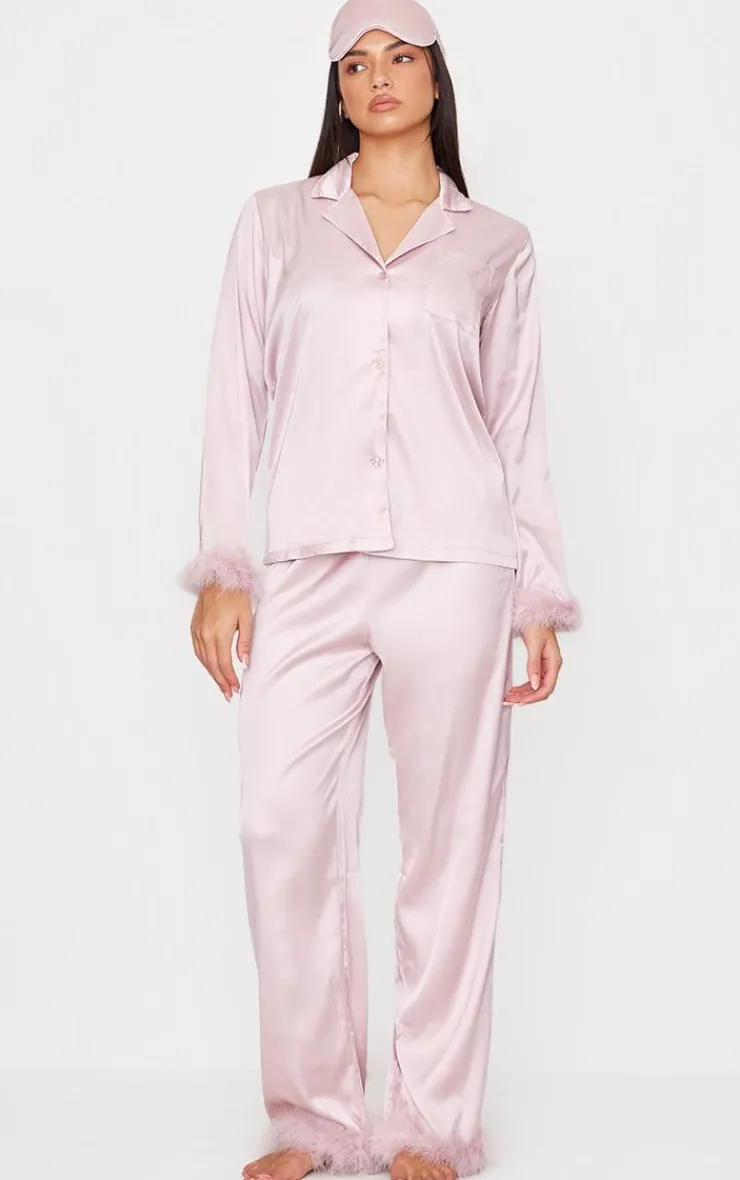 PrettyLittleThing Christmas Gifts*Satin Feather Trim Long Pj Set