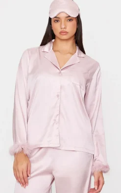 PrettyLittleThing Christmas Gifts*Satin Feather Trim Long Pj Set