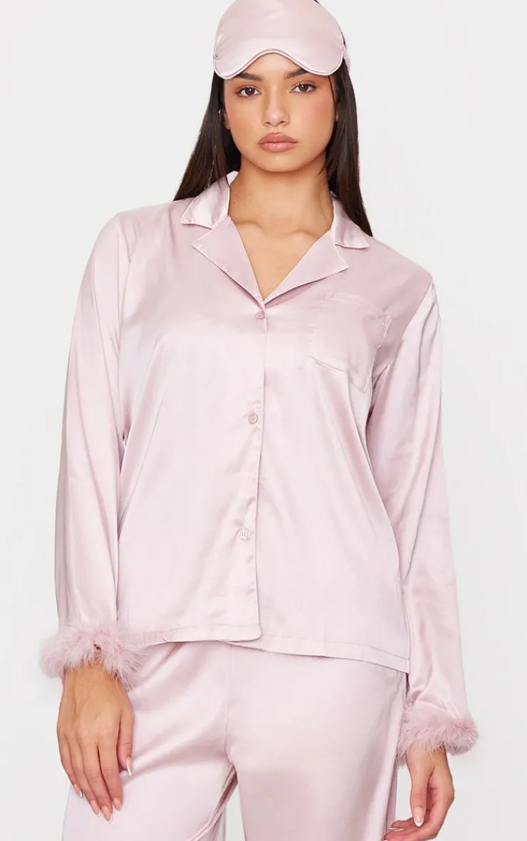 PrettyLittleThing Christmas Gifts*Satin Feather Trim Long Pj Set