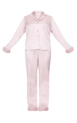 PrettyLittleThing Christmas Gifts*Satin Feather Trim Long Pj Set