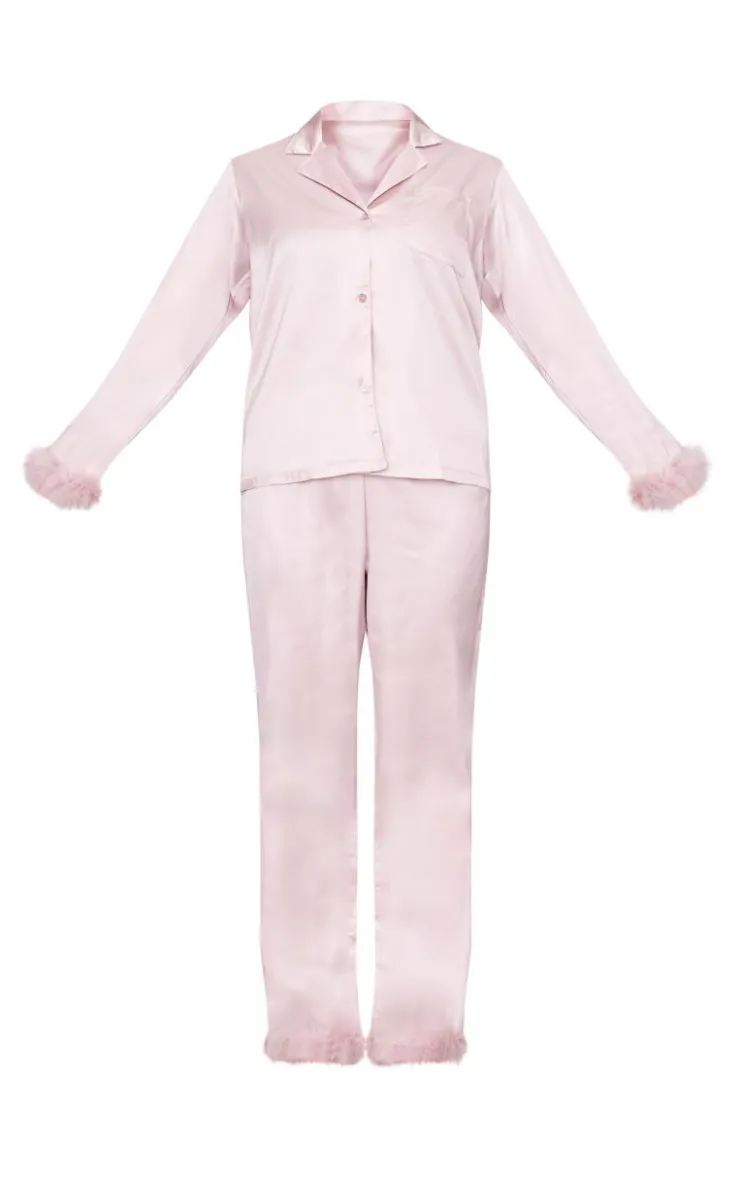 PrettyLittleThing Christmas Gifts*Satin Feather Trim Long Pj Set